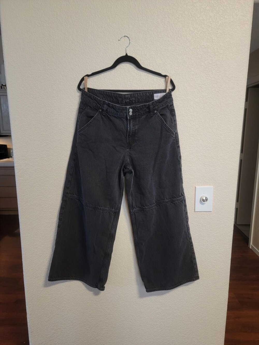 GAP Baggy Mid Rise Wide Leg Jeans Washed Black Tencel Denim Size 31 12S 12 Short
